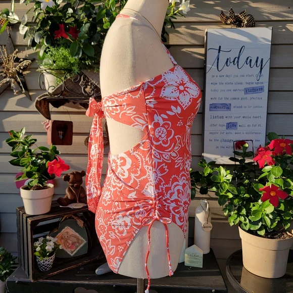 BEACH HOUSE ♡ Gorgeous Coral 'n White Strap(Less) Tie Back Adj Swimsuit 12